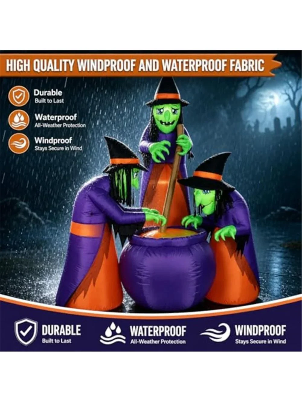 6 FT Halloween Inflatables with Built-in LEDs, Three Witches Around a Cauldron
